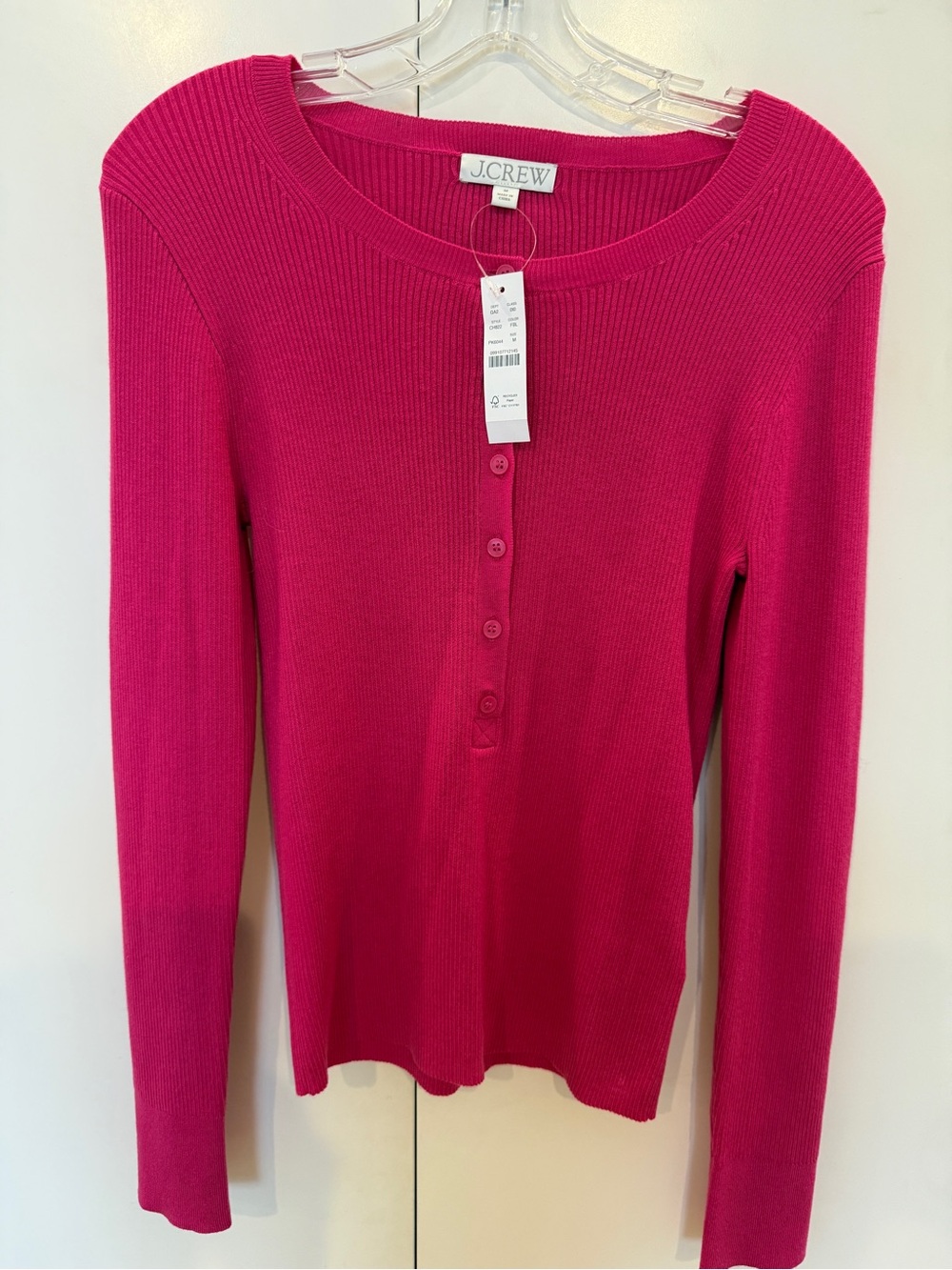 J. Crew Bright Pink Ribbed Long-Sleeve Henley Top